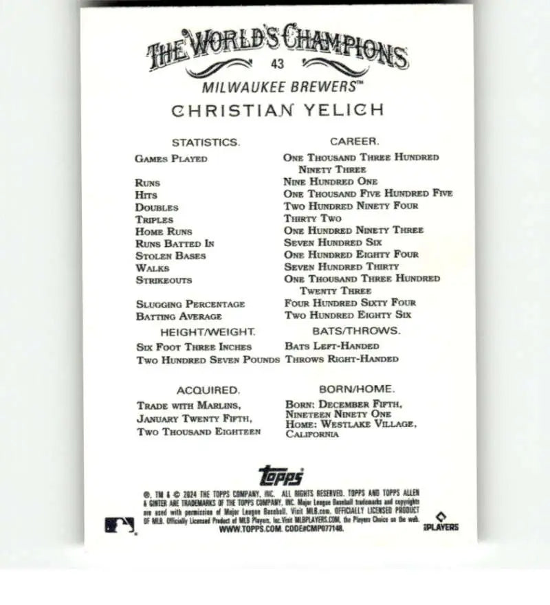 Baseball card back featuring statistics for Christian Yelich of the Milwaukee Brewers