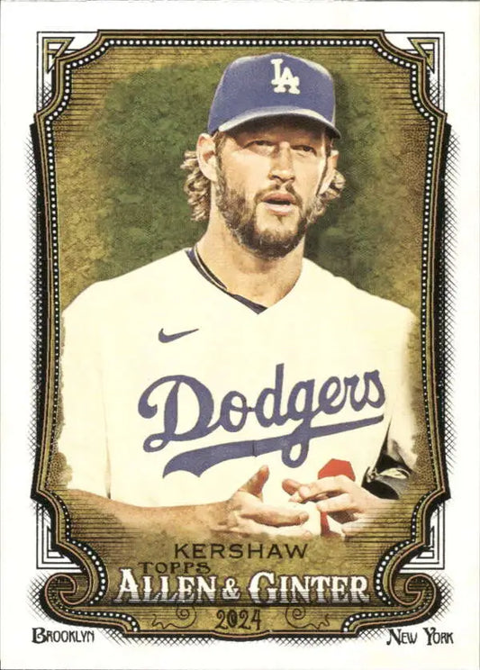 Clayton Kershaw in a Los Angeles Dodgers uniform on a baseball card