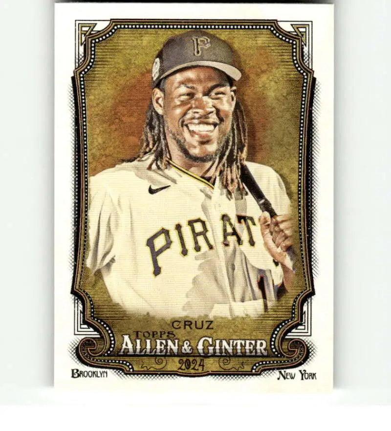 Baseball card of Oneil Cruz in a white jersey for the Pittsburgh Pirates with a smile