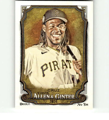 Baseball card of Oneil Cruz in a white jersey for the Pittsburgh Pirates with a smile