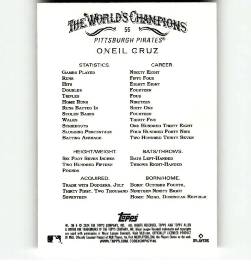 Back of 2024 Allen & Ginter #55 Oneil Cruz baseball card with Pittsburgh Pirates stats
