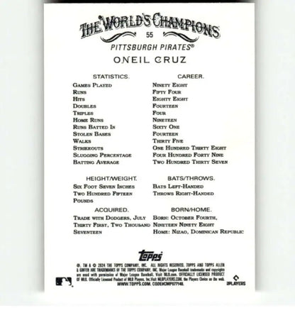 Back of 2024 Allen & Ginter #55 Oneil Cruz baseball card with Pittsburgh Pirates stats