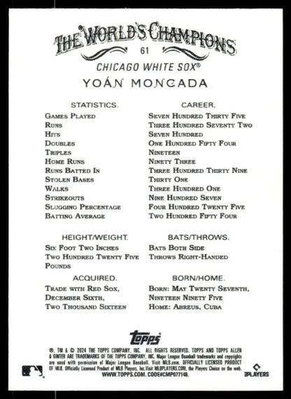 Yoan Moncada Chicago White Sox Baseball Card showcasing career statistics and information