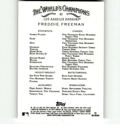 Baseball card back of Freddie Freeman with statistics for Los Angeles Dodgers player