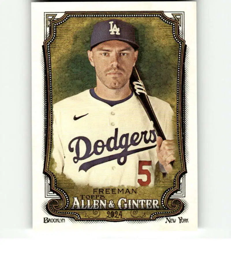 Baseball card of Freddie Freeman in a white Los Angeles Dodgers jersey number 5