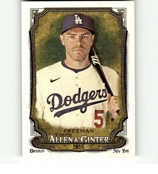 Baseball card of Freddie Freeman in a white Los Angeles Dodgers jersey number 5
