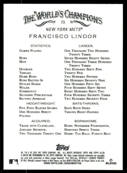 Francisco Lindor New York Mets career statistics on 2024 Allen & Ginter baseball card