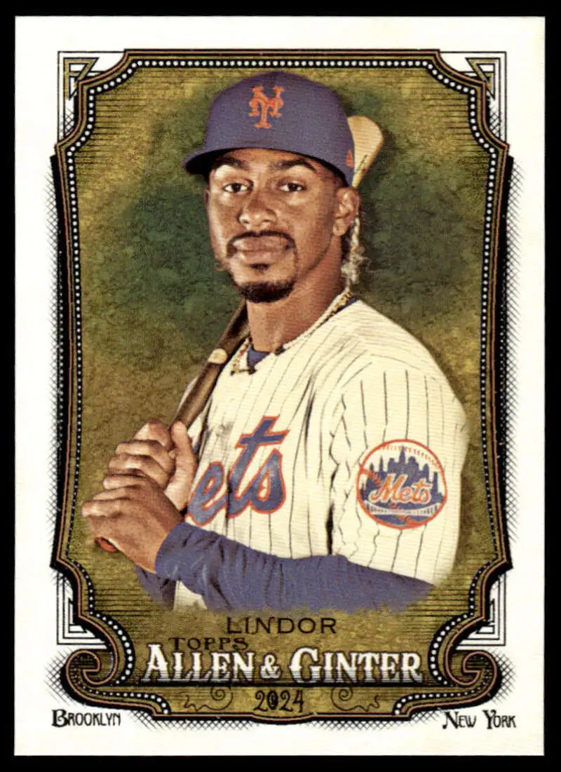 Baseball card of Francisco Lindor in pinstripes for New York Mets baseball collectors