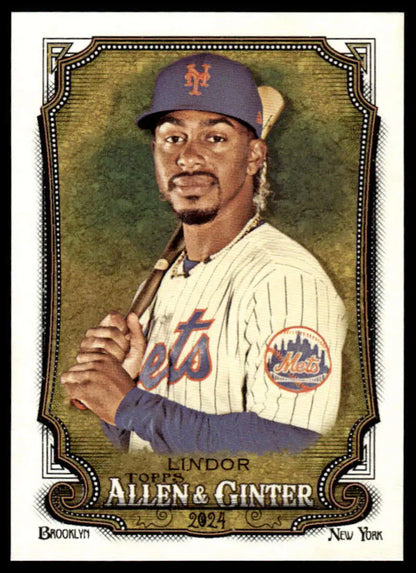 Baseball card of Francisco Lindor in pinstripes for New York Mets baseball collectors