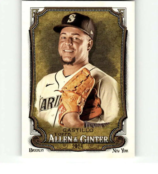 Baseball card of Luis Castillo in Seattle Mariners home uniform with glove