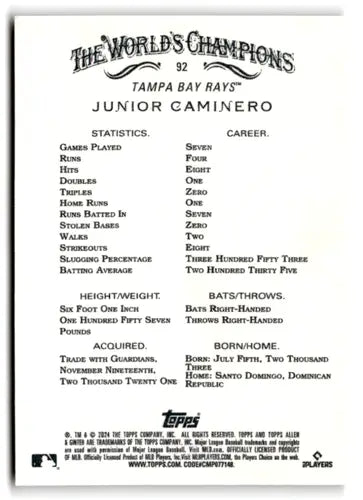 2024 Allen & Ginter #92 Junior Caminero NM-MT RC Rookie Rays ID:74560 - Trading Cards