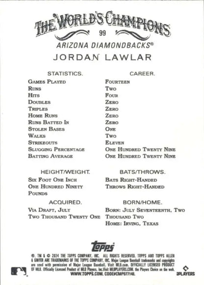 Jordan Lawlar Arizona Diamondbacks baseball card showcasing player statistics and details