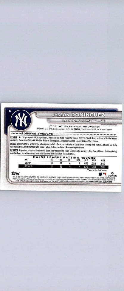 2024 Bowman #17 Jasson Domínguez baseball card for trading cards collectors