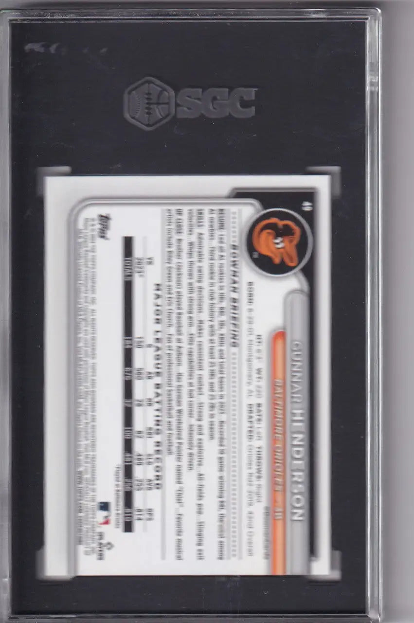 Gunnar Henderson SGC 9.5 trading card in a clear case, Baltimore Orioles collectible