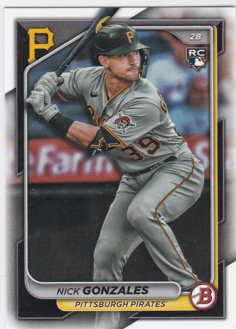 Baseball card of Nick Gonzales Pittsburgh Pirates 2024 Bowman #62 RC featuring Gonzales RC Pittsburgh