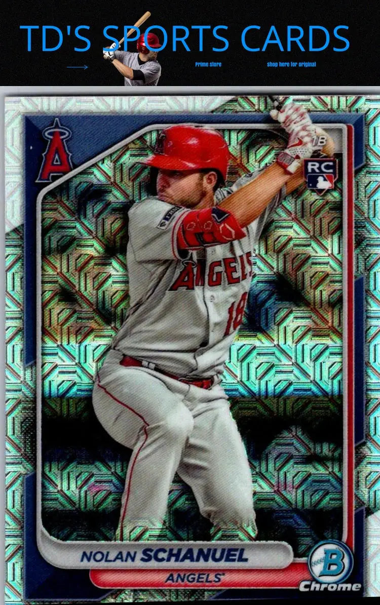 Baseball trading card of Nolan Schanuel Chrome Mojo Refractors from 2024 Bowman
