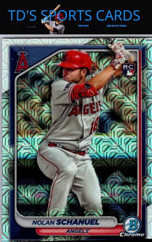 Baseball trading card of Nolan Schanuel Chrome Mojo Refractors from 2024 Bowman
