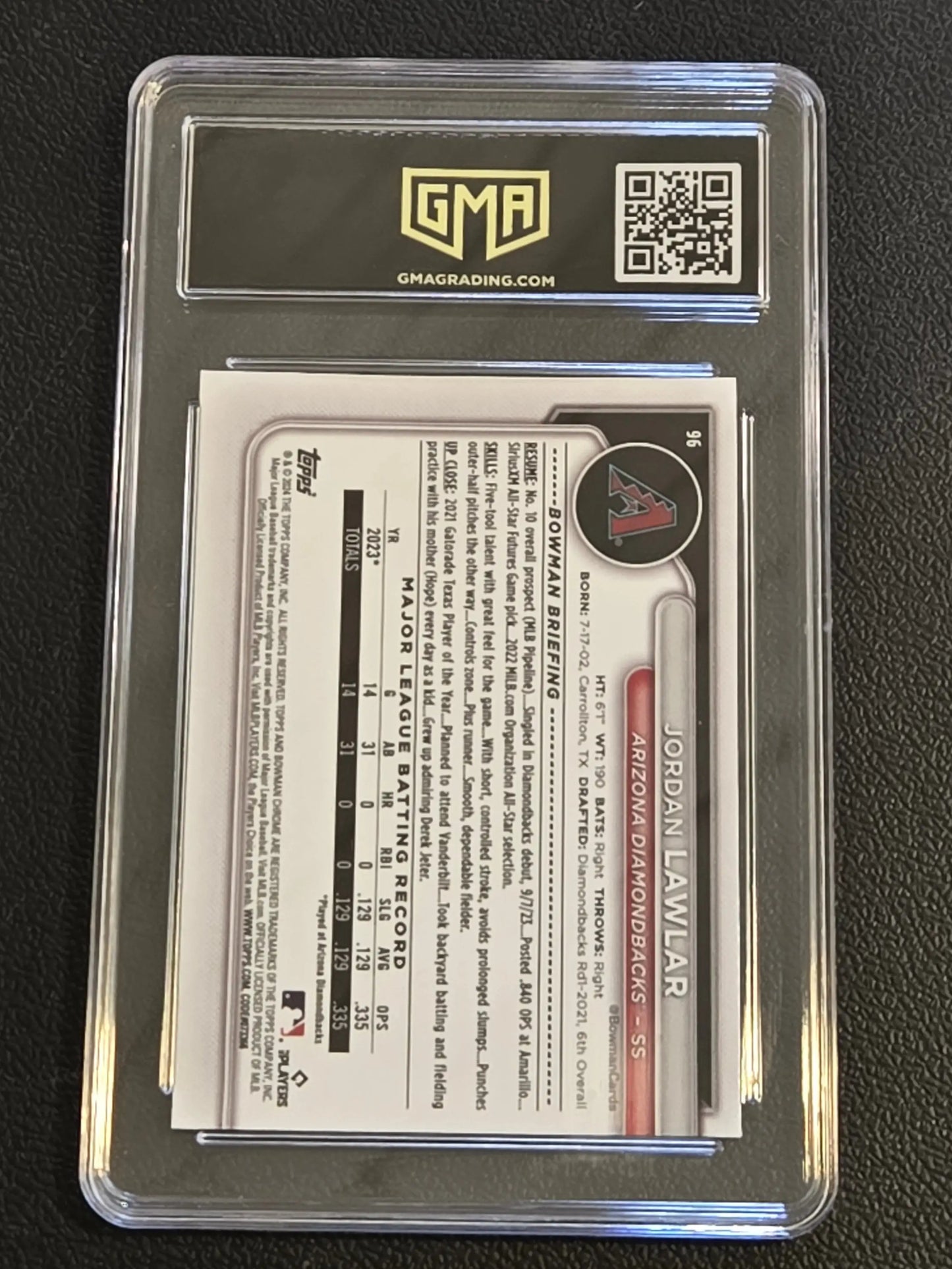 Graded Jordan Lawlar Chrome Mojo baseball card in protective slab for 2024 Bowman series