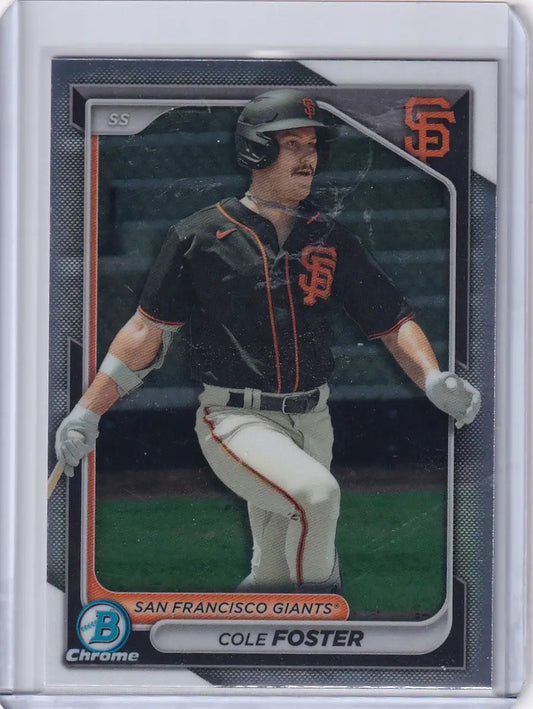 Baseball card of Cole Foster in batting stance for San Francisco Giants Bowman Baseball