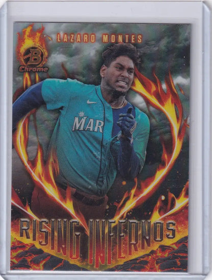 Bowman Baseball trading card of Lazaro Montes in Seattle Mariners teal uniform with flames