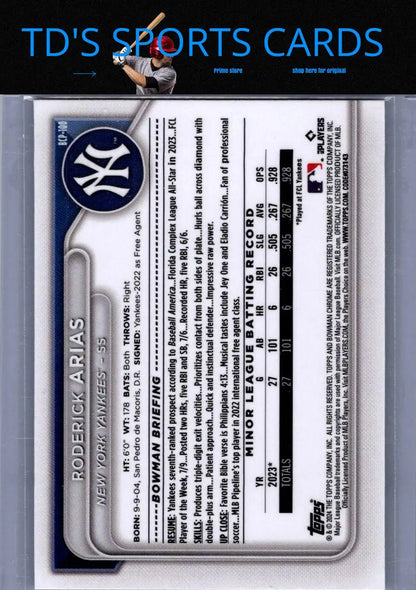 Baseball card back of Roderick Arias Chrome Prospects 2024 Bowman #BCP-100