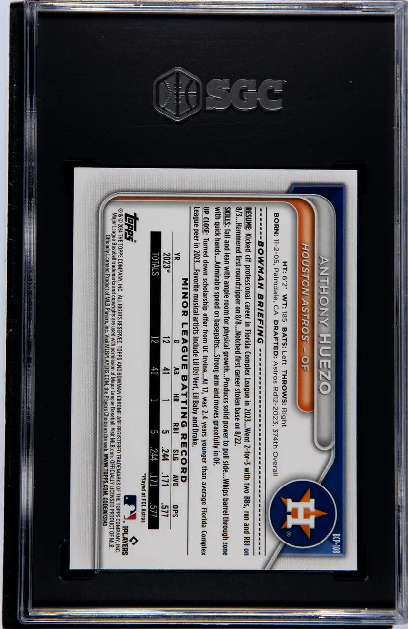 Graded 2024 Bowman Anthony Huezo SGC 10 GEM MINT card in black holder