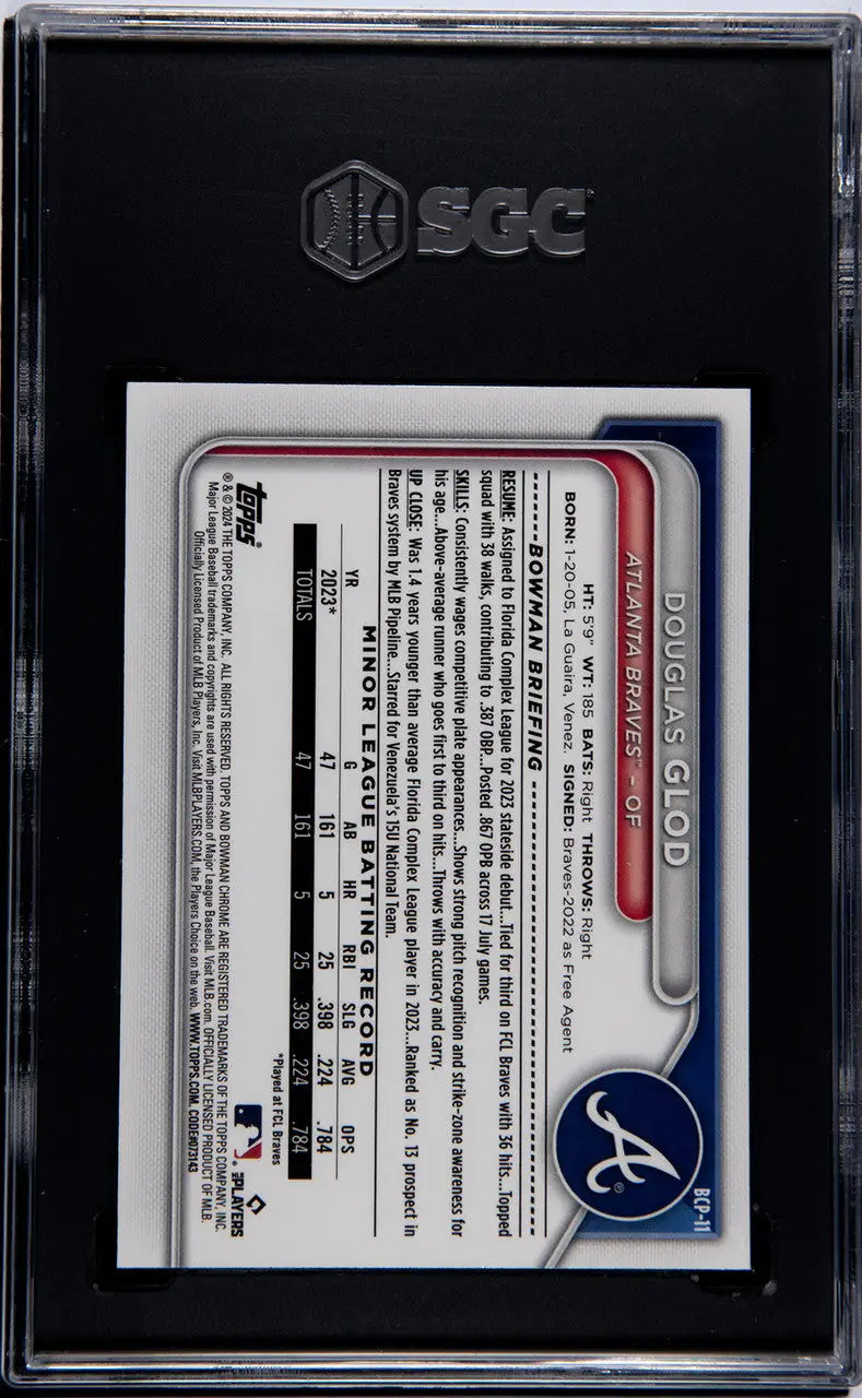 Graded Douglas Glod SGC 10 GEM MINT trading card in black protective case, Atlanta Braves