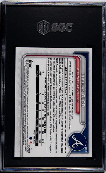 Graded Douglas Glod SGC 10 GEM MINT trading card in black protective case, Atlanta Braves