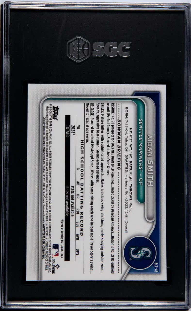 Graded Aidan Smith SGC 10 GEM MINT collectible card in protective case for Mariners