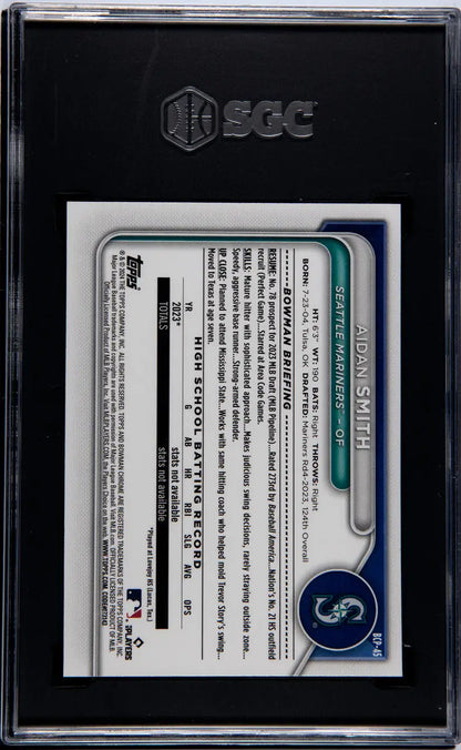 Graded Aidan Smith SGC 10 GEM MINT collectible card in protective case for Mariners
