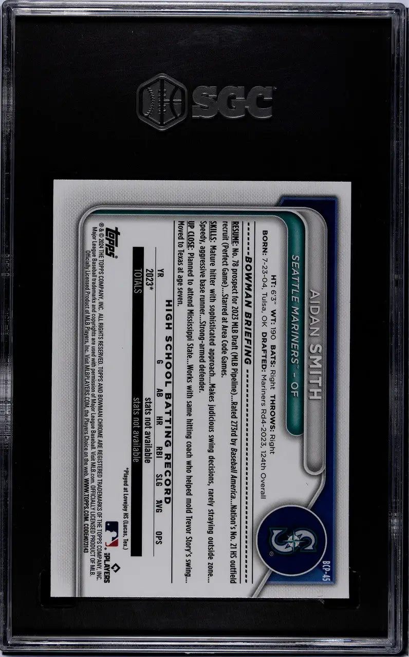 Graded Aidan Smith SGC 10 trading card in protective case for Seattle Mariners