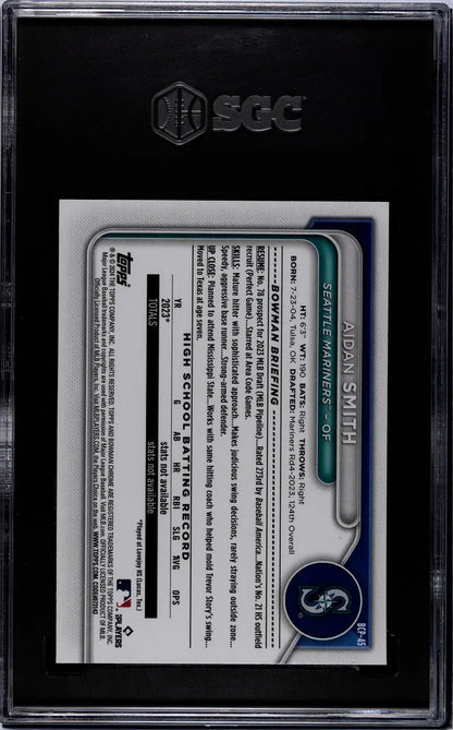 Graded Aidan Smith SGC 10 trading card in protective case for Seattle Mariners