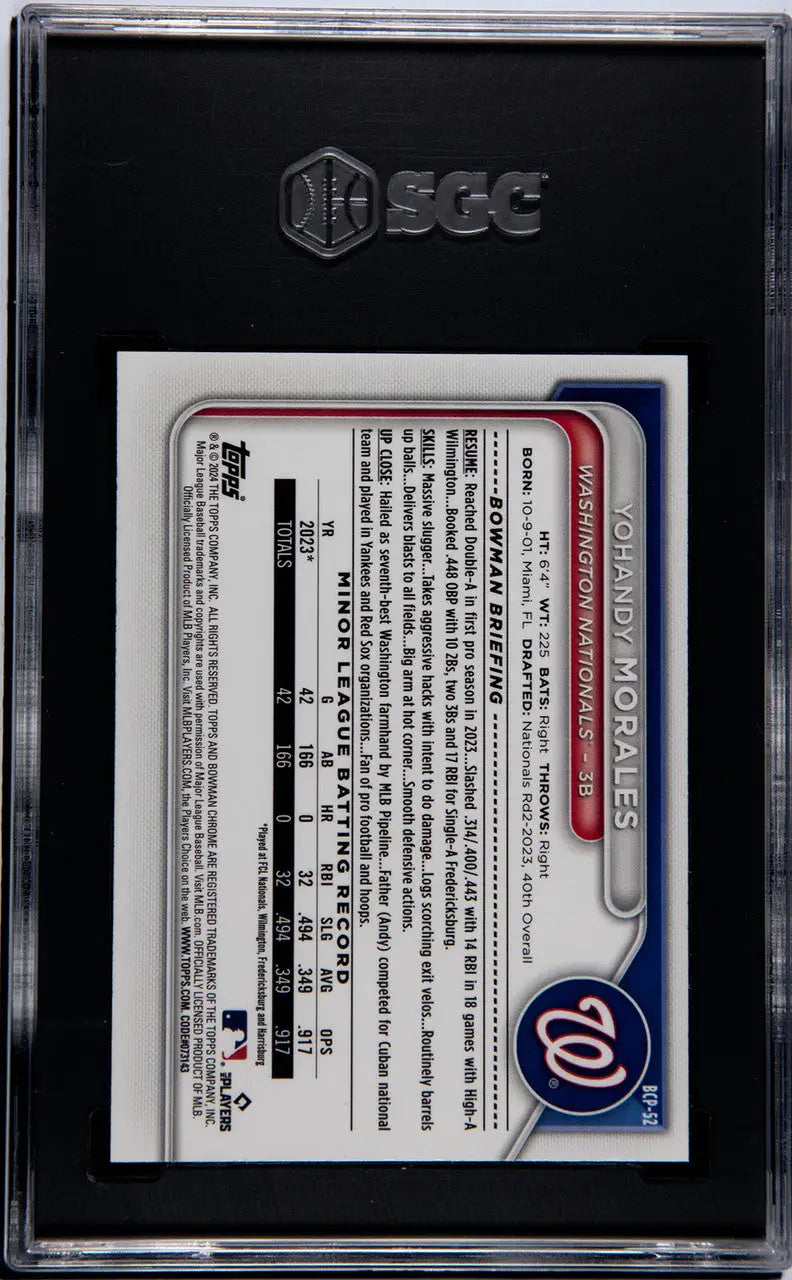 Graded Yohandy Morales SGC 10 GEM MINT sports trading card in protective case