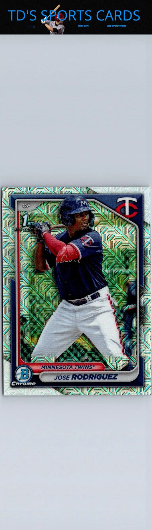 Baseball card of Jose Rodriguez Chrome Prospects Mojo Refractors from 2024 Bowman