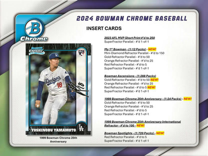 2024 Bowman Chrome Baseball Hobby Box featuring refractor parallel and orange refractor insert cards