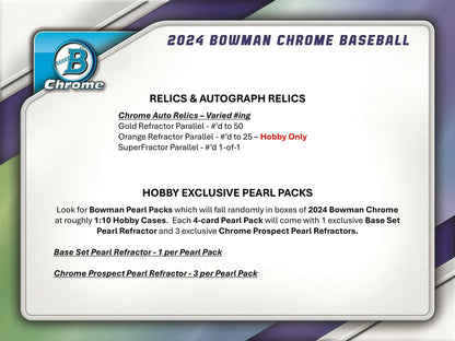 2024 Bowman Chrome Baseball Hobby Box with refractor parallel and orange refractor cards