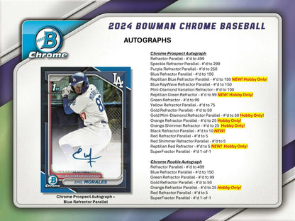 Baseball card with autograph details from 2024 Bowman Chrome Hobby Box orange refractor parallel