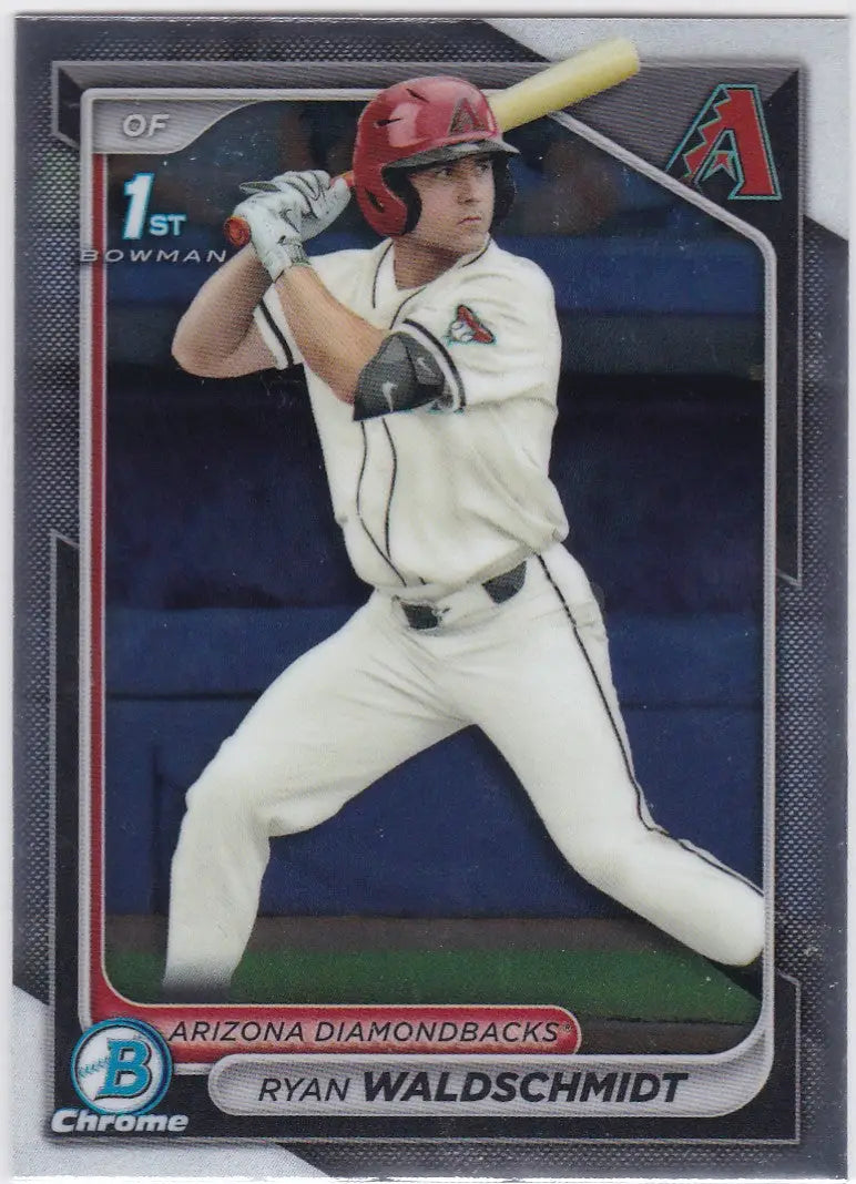 Baseball card of Ryan Waldschmidt 1st Bowman in Diamondbacks white uniform at bat