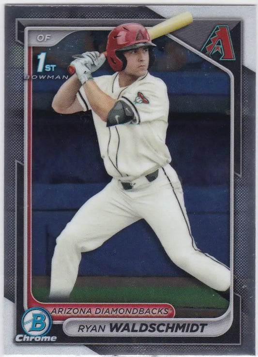 Baseball card of Ryan Waldschmidt 1st Bowman in Diamondbacks white uniform at bat