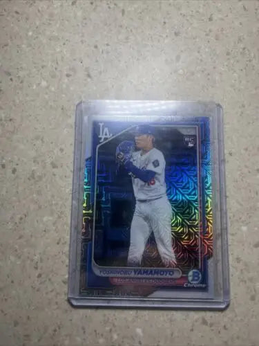 Yoshinobu Yamamoto baseball card from 2024 Bowman Chrome Mojo Refractor #73 RC