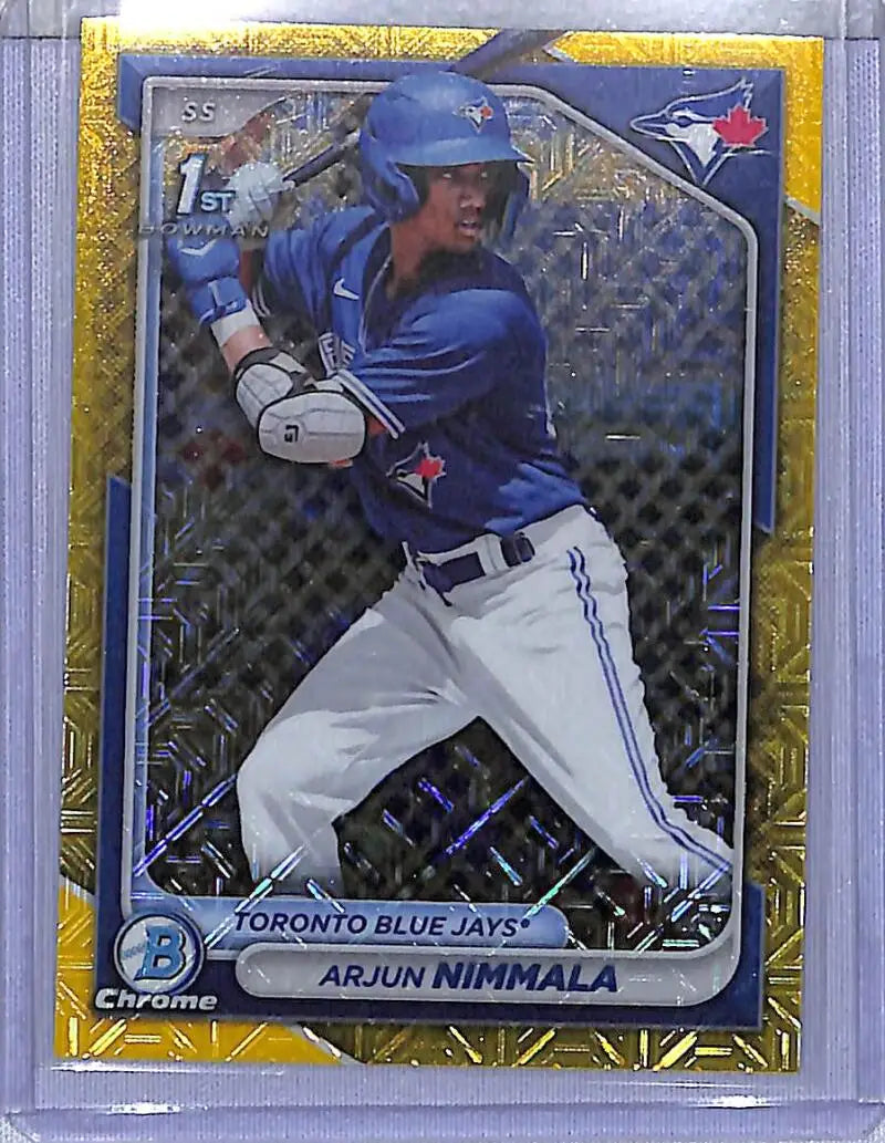 Arjun Nimmala baseball card in 2024 Bowman Chrome Yellow Mojo series with Toronto Blue Jays