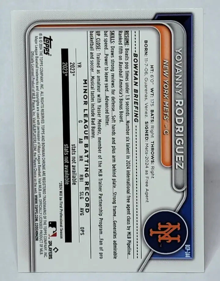 Yovanny Rodriguez baseball card from 2024 Bowman Chrome Mega Box Mojo Refractor Mets
