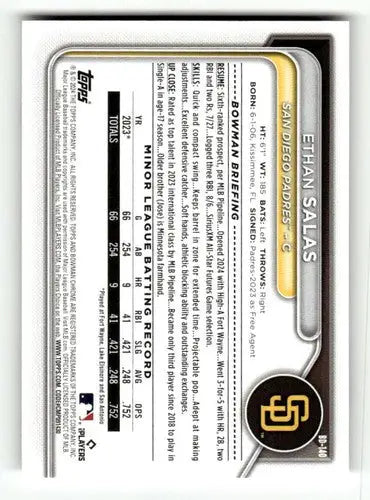 Back of a baseball trading card featuring Ethan Salas from Bowman Draft 2024