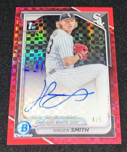 Hagen Smith autographed baseball card from the 2024 Bowman Draft Red Checker Refractor