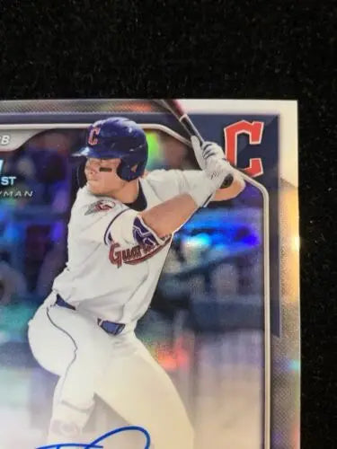 2024 Bowman Draft Travis Bazzana 1st Refractor trading card featuring a batter action shot