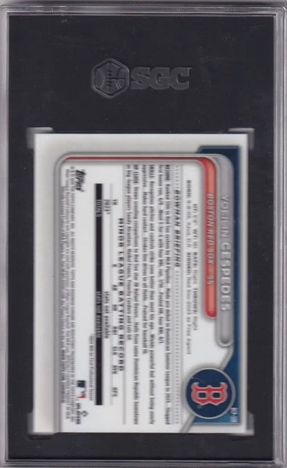 Back of 2024 Bowman Yoeilin Cespedes SGC card in case, showcasing Boston Red Sox details