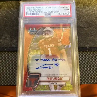 Graded 2024 Bowman U Chrome Trey Moore autographed football card with PSA 9 and red shimmer