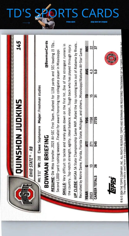 2024 Bowman University Chrome Quinshon Judkins football trading card display