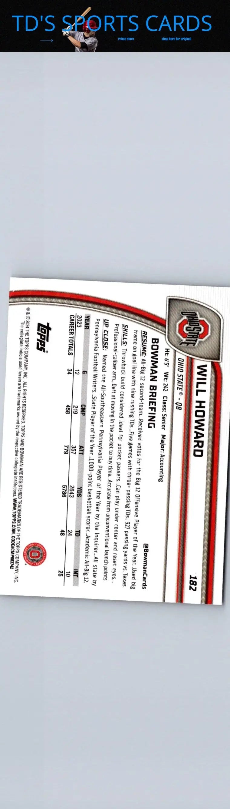 2024 Bowman University Chrome #182 Will Howard baseball card featuring top player collectible