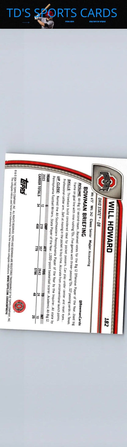 2024 Bowman University Chrome #182 Will Howard baseball card featuring top player collectible